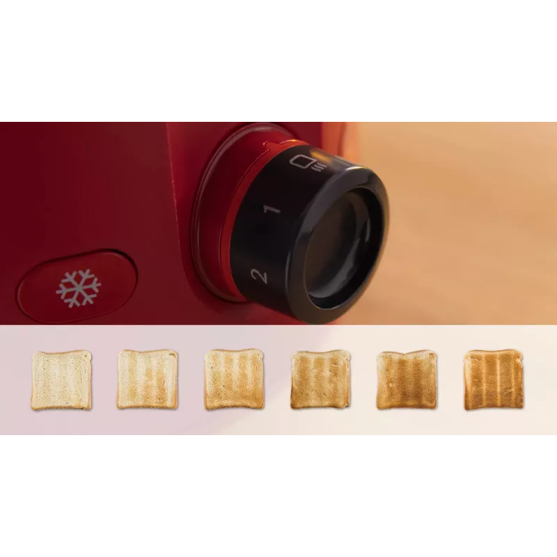 Hriankovač Bosch TAT2M124 — 2 plátky 950 W, červený, centrovanie chleba, rozmrazovanie, lift