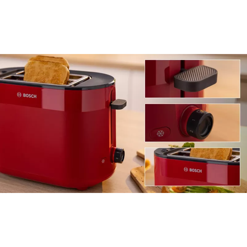 Hriankovač Bosch TAT2M124 — 2 plátky 950 W, červený, centrovanie chleba, rozmrazovanie, lift