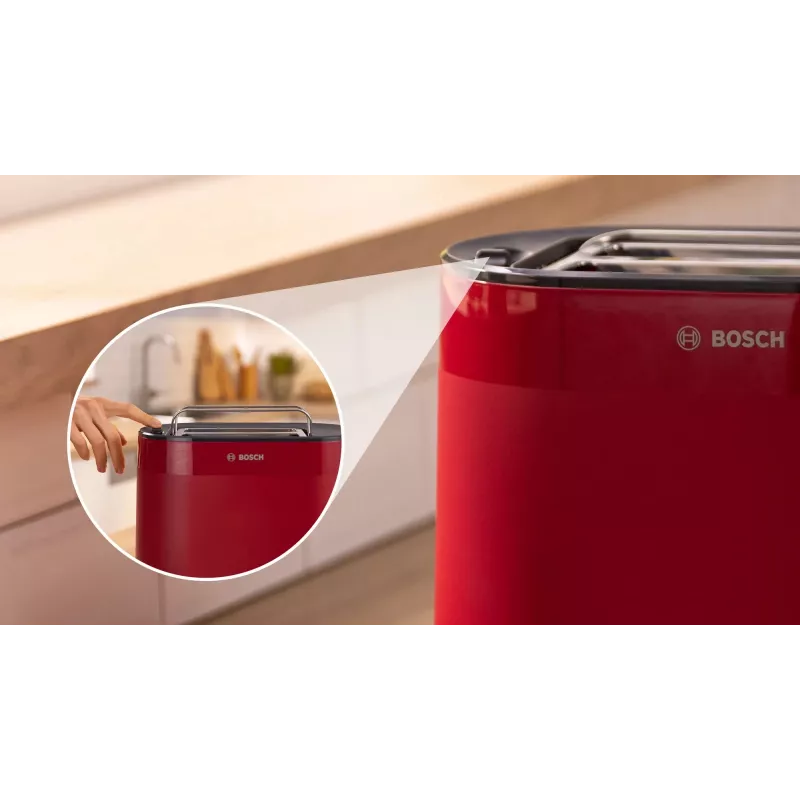 Hriankovač Bosch TAT2M124 — 2 plátky 950 W, červený, centrovanie chleba, rozmrazovanie, lift
