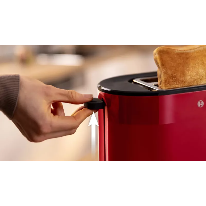 Hriankovač Bosch TAT2M124 — 2 plátky 950 W, červený, centrovanie chleba, rozmrazovanie, lift
