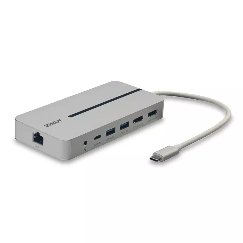 Lindy DST-Mx Duo USB-C mini dokovacia stanica pre laptop/MacBook s duálnym displejom (4K) a 100 W pass-through nabíjaním
