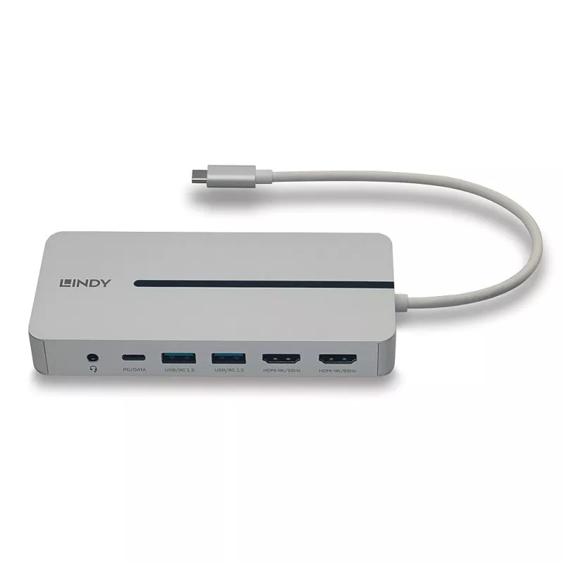 Lindy DST-Mx Duo USB-C mini dokovacia stanica pre laptop/MacBook s duálnym displejom (4K) a 100 W pass-through nabíjaním