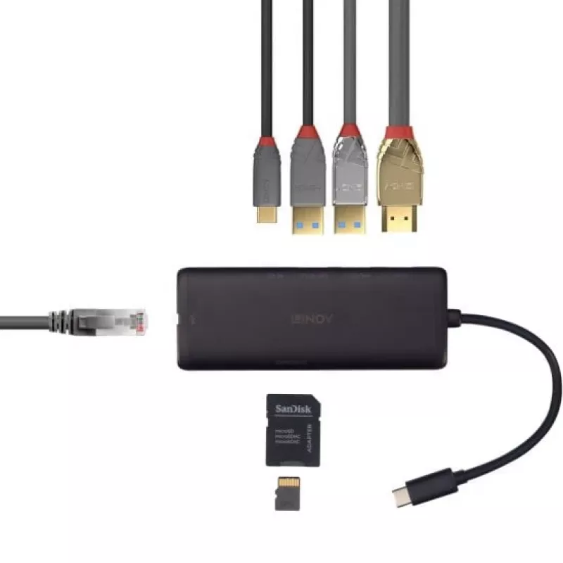 Lindy DST-Mini USB-C laptop mini dokovacia stanica s podporou 4K a 100W pass-through nabíjaním