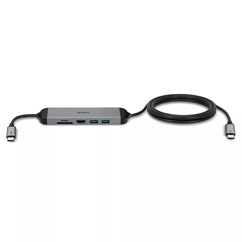 Lindy DST-Micro 140, USB-C laptop micro dokovacia stanica s podporou 4K a 1,4 m 60W nabíjacím káblom