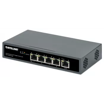 Intellinet 5-portový gigabitový switch s PoE Passthrough, jeden IEEE 802.3bt (PoE++ / 4PPoE) PD PoE port s príkonom 95 W, štyri PSE PoE porty, PoE rozpočet až do 65 W, výstup kompatibilný s IEEE 802.3at/af, desktop, možnosť montáže na stenu