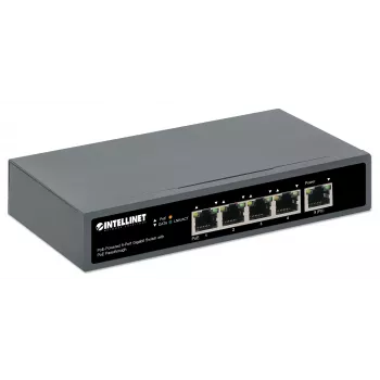 Intellinet 5-portový gigabitový switch s PoE Passthrough, jeden IEEE 802.3bt (PoE++ / 4PPoE) PD PoE port s príkonom 95 W, štyri PSE PoE porty, PoE rozpočet až do 65 W, výstup kompatibilný s IEEE 802.3at/af, desktop, možnosť montáže na stenu