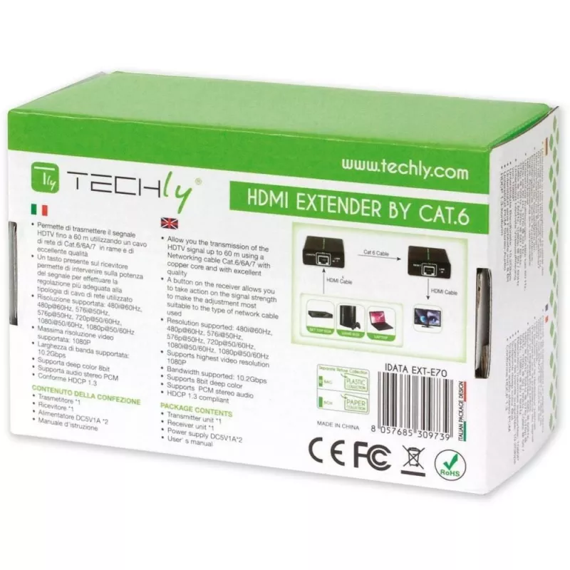 AV vysielač a prijímač TECHLY IDATA EXT-E70 — predĺženie HDMI cez kábel Cat6/6a/7, Full HD 1920x1080, 60 m, 10,2 Gbit/s, HDCP, čierny