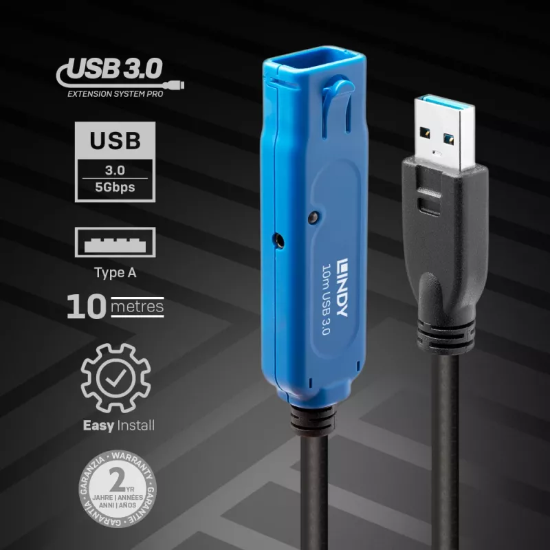Lindy 8m USB 3.0 Active Extension Pro, 8 m, USB A, USB A, USB 3.2 Gen 1 (3.1 Gen 1), 5 Gbit/s, čierny