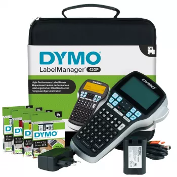 DYMO LabelManager 420P vysokovýkonná sada tlačiarne etikiet s akumulátorovou prevádzkou a prenosná | ABC klávesnica so 4 kotúčmi D1 etikiet & prenosná taška
