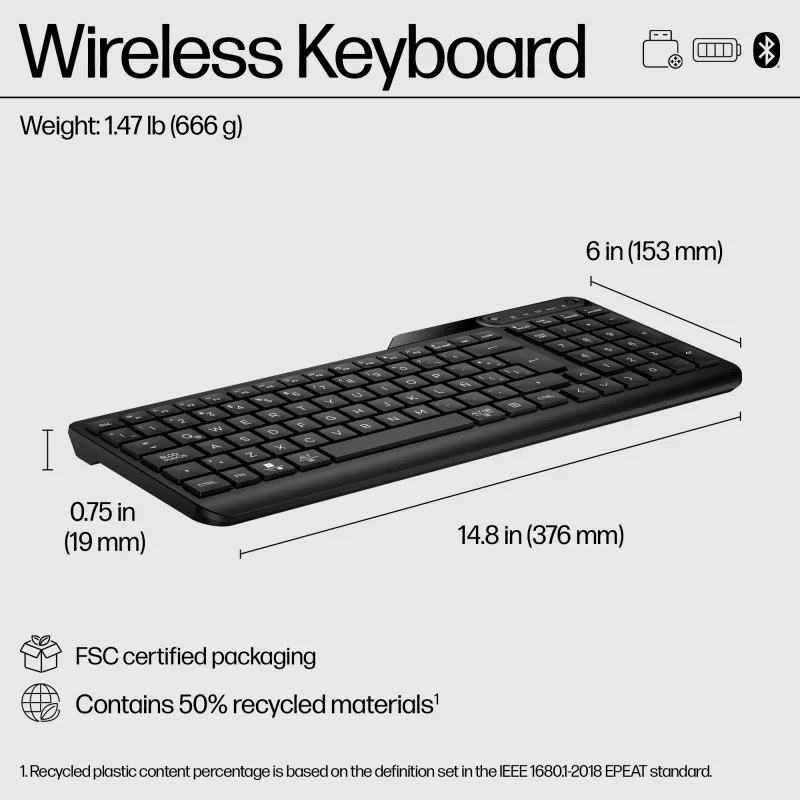 Bezdrôtová myš HP 475 Dual-Mode — QWERTY v plnej veľkosti, RF + Bluetooth 5.3, numerická klávesnica, čierna, 376×153×19 mm