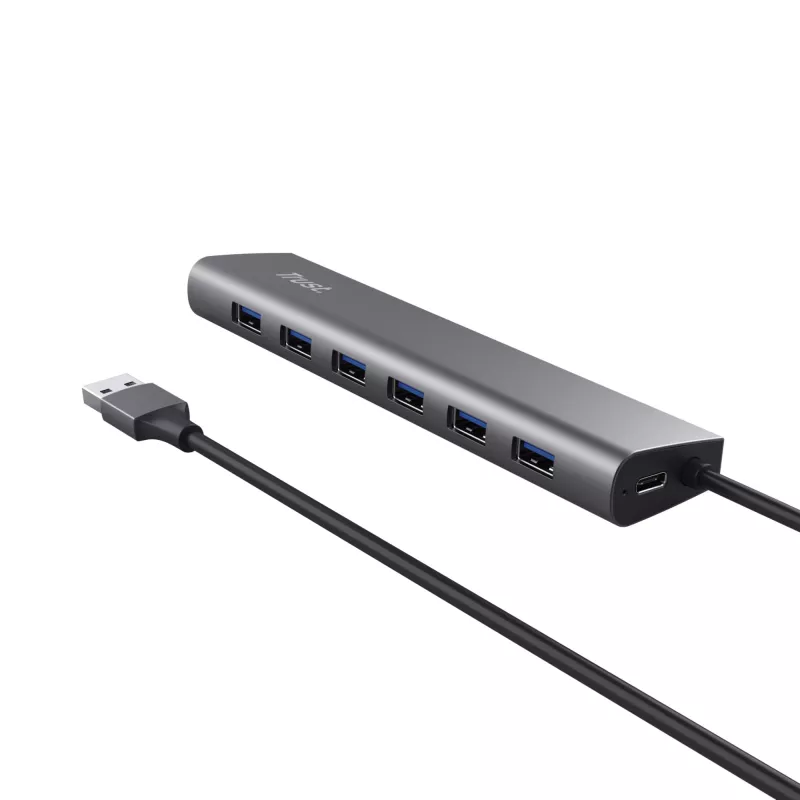 Trust Halyx 24967 7-portový USB hub, USB 3.2 Gen 1, Type-A, 5000 Mbit/s, strieborný