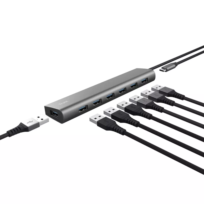 Trust Halyx 24967 7-portový USB hub, USB 3.2 Gen 1, Type-A, 5000 Mbit/s, strieborný