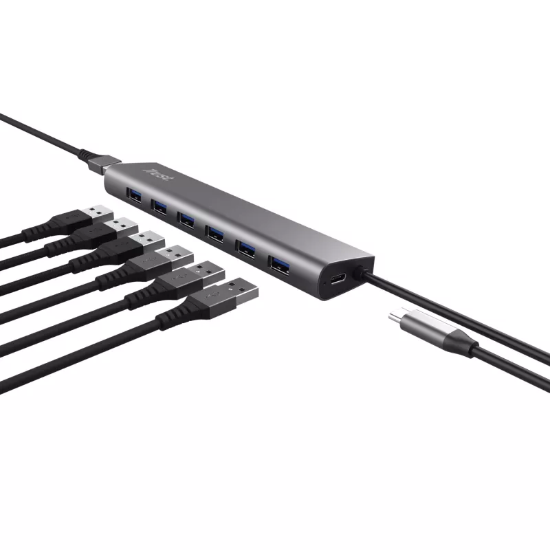 Trust Halyx 24967 7-portový USB hub, USB 3.2 Gen 1, Type-A, 5000 Mbit/s, strieborný