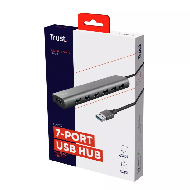 Trust Halyx 24967 7-portový USB hub, USB 3.2 Gen 1, Type-A, 5000 Mbit/s, strieborný