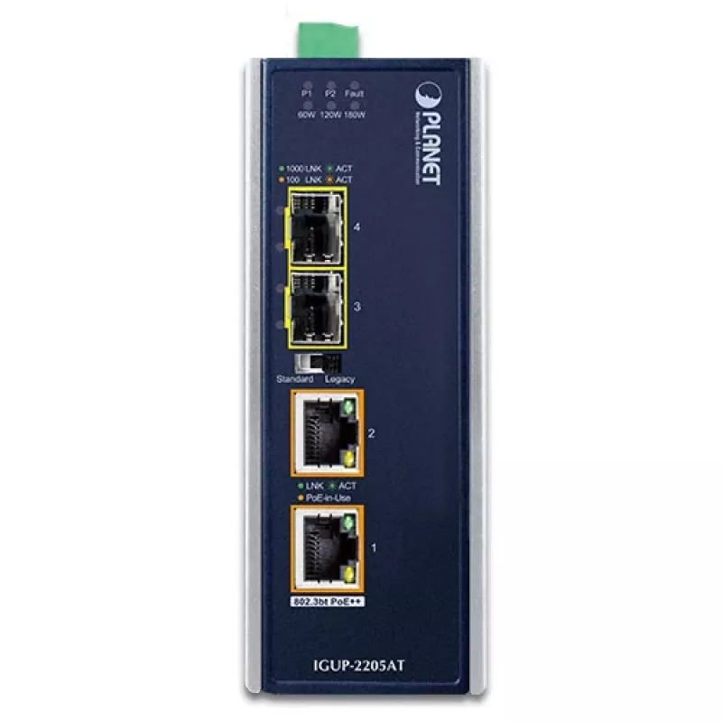 PLANET IGUP-2205AT priemyselný konvertor médií, 2-portový 100/1000X SFP na 2-portový 10/100/1000T, PoE 90 W, 12-48 V, kovový, modrý