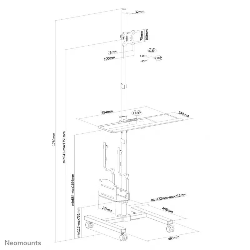 Neomounts FPMA-MOBILE1700 mobilné pracovisko, 10-32 palcov (25,4-81,3 cm), max. 8 kg, VESA 75x75-100x100, výška 94-175 cm, oceľ, čierne