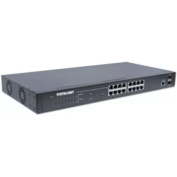 Intellinet 16-port Gigabit Ethernet PoE+ Web-Managed switch s 2 SFP portami, IEEE 802.3at/af Power over Ethernet (PoE+/PoE) kompatibilný, 374 W, Endspan, 19 palcová rackmontáž