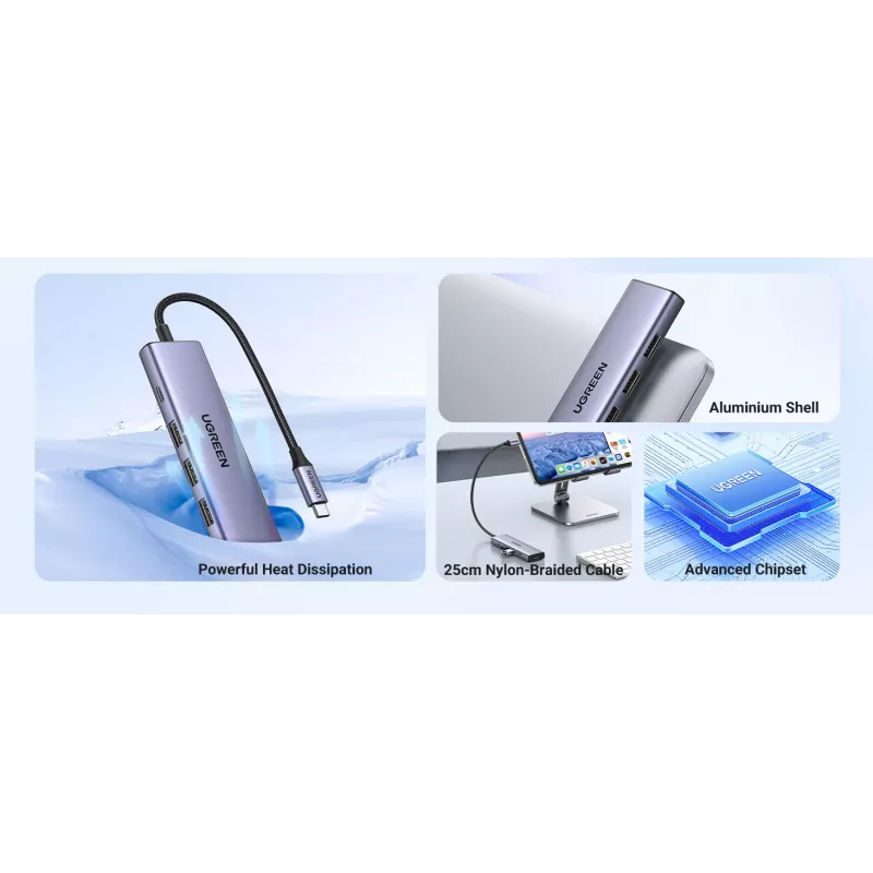 UGREEN Revodok CM511 USB-C hub 5v1 (15596), 3x USB-A, 4K HDMI, USB-C PD 100 W, sivý