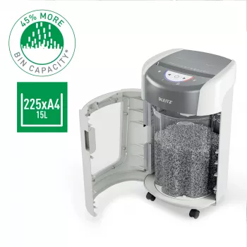 Leitz IQ OptiMax Home Office 225 mikrokrájačka skartovačka bezpečnostná trieda P5 15 l – biela