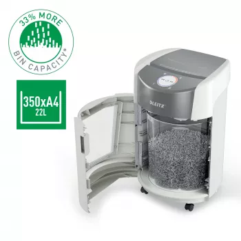 Leitz IQ OptiMax Small Office 350 mikrokrájačka skartovačka bezpečnostná trieda P5 22 l – biela