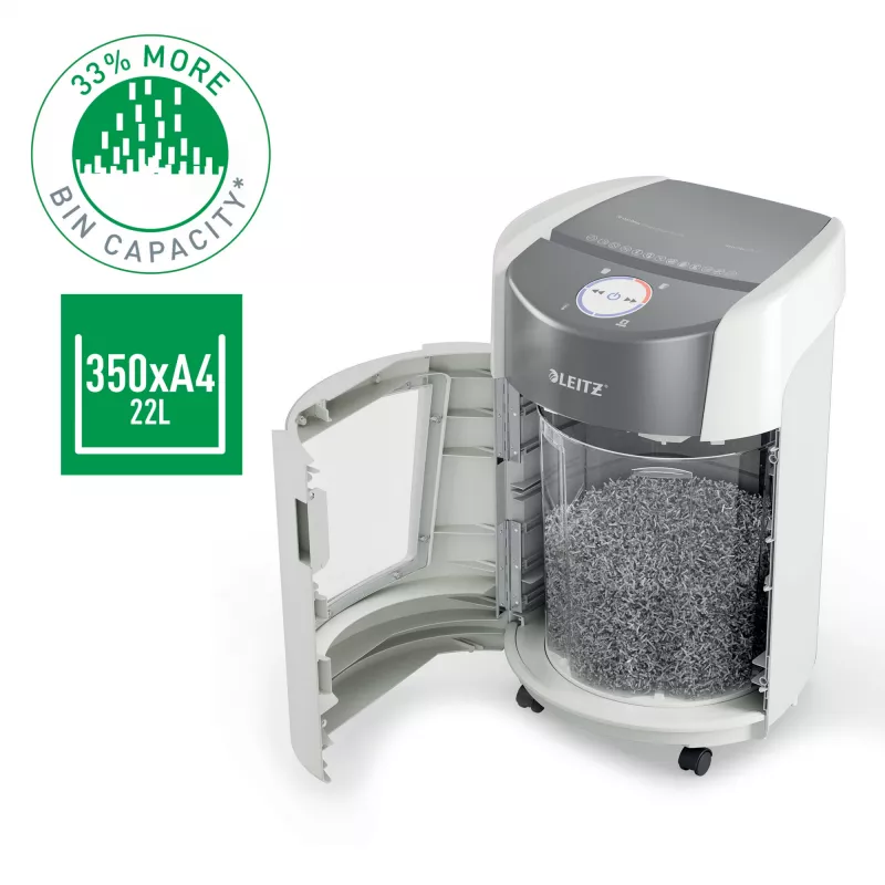 Leitz IQ OptiMax Small Office 350 mikrokrájačka skartovačka bezpečnostná trieda P5 22 l – biela