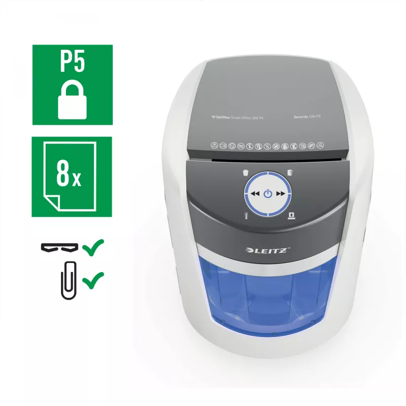 Leitz IQ OptiMax Small Office 350 mikrokrájačka skartovačka bezpečnostná trieda P5 22 l – biela