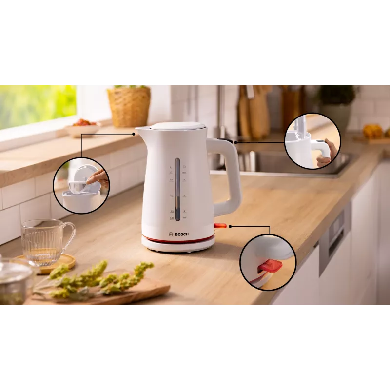 Elektrická kanvica Bosch TWK3M121 — 1,7 l, 2400 W, biela, plastové telo