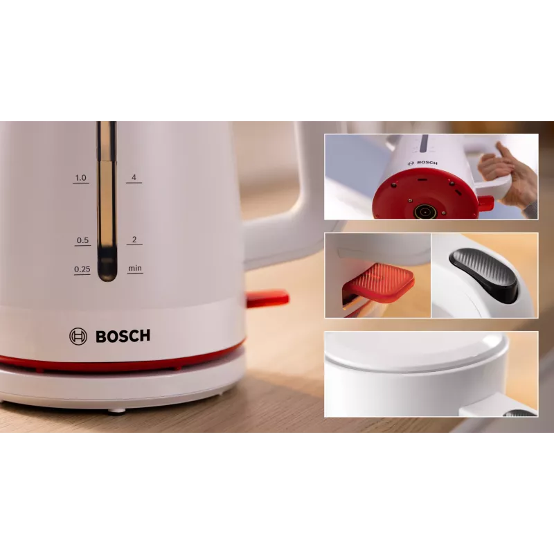 Elektrická kanvica Bosch TWK3M121 — 1,7 l, 2400 W, biela, plastové telo