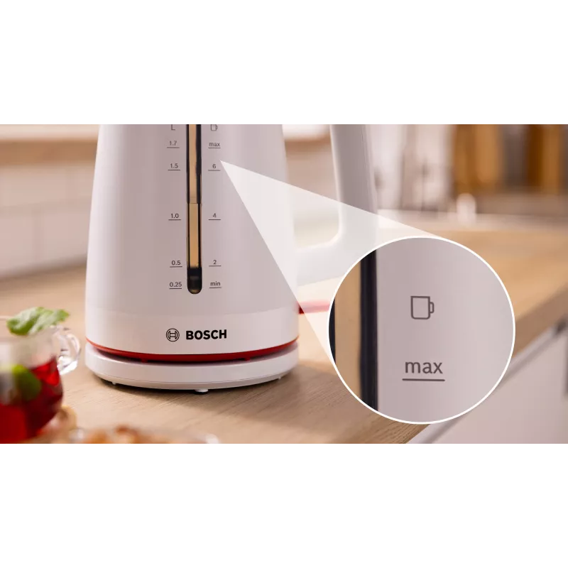 Elektrická kanvica Bosch TWK3M121 — 1,7 l, 2400 W, biela, plastové telo