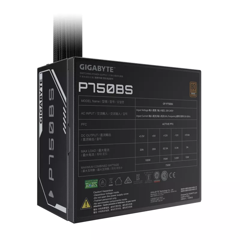 GIGABYTE P750BS napájací zdroj – PCI-E 6+2 pin x 4, 80 PLUS Bronze, 120-mm ventilátor, ATX kompatibilný, EU konektor