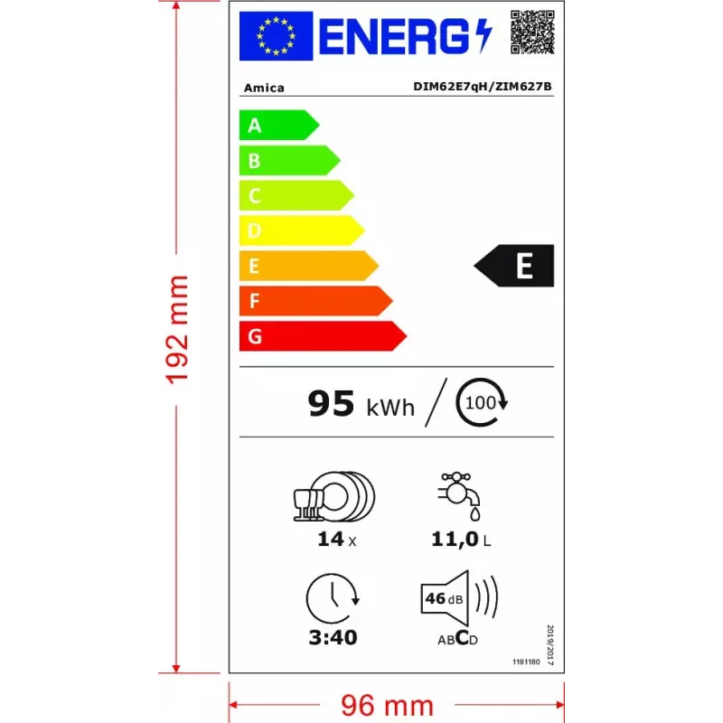 Čiastočne integrovateľná umývačka riadu AMICA DIM62E7qH — 14 súprav, 60 cm, LED dotykový displej, 7 programov, biela
