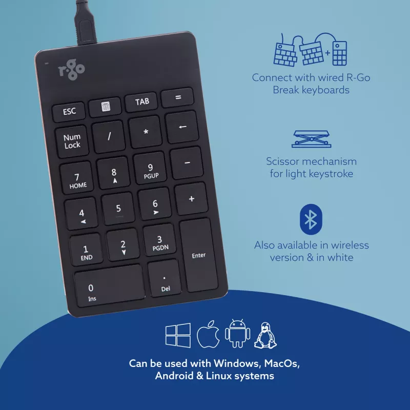R-Go Tools numerická klávesnica R-Go Numpad Break, ergonomická numerická klávesnica so softvérom na prestávky, káblová, čierna