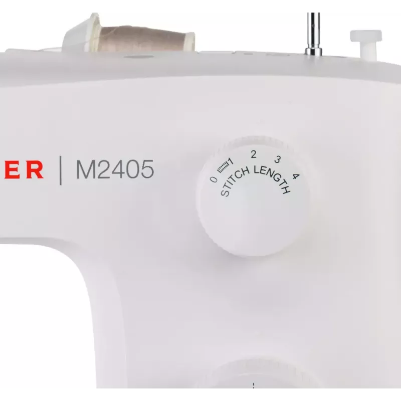 Polautomatický šijací stroj SINGER M2405 — mechanický, 11 programov, 8 vzorov stehov, 70W, biela