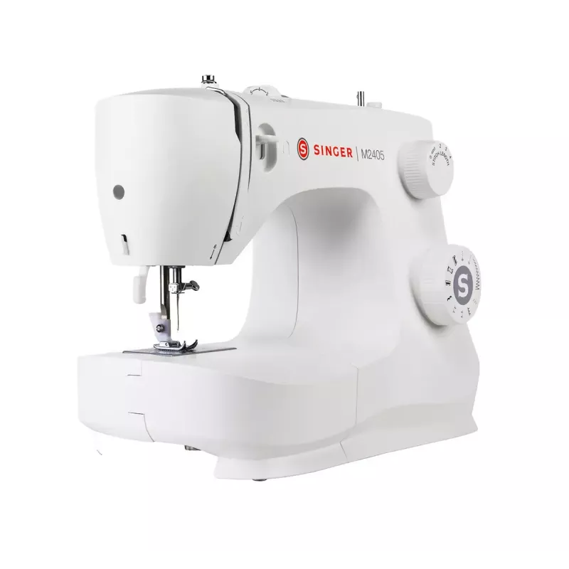 Polautomatický šijací stroj SINGER M2405 — mechanický, 11 programov, 8 vzorov stehov, 70W, biela