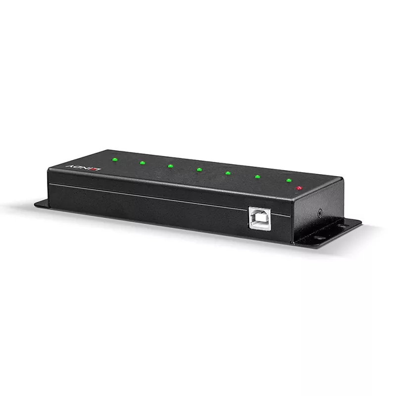 Lindy 42794 7-portový priemyselný kovový USB 2.0 rozbočovač, 480 Mbit/s, montážne úchytky, externý zdroj napájania, čierny