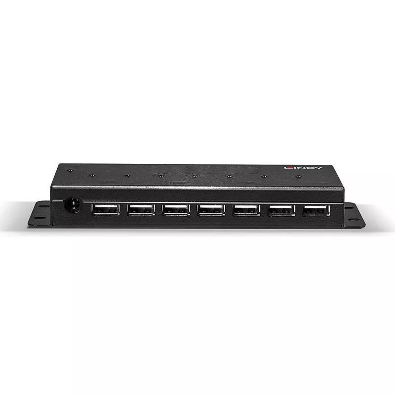 Lindy 42794 7-portový priemyselný kovový USB 2.0 rozbočovač, 480 Mbit/s, montážne úchytky, externý zdroj napájania, čierny