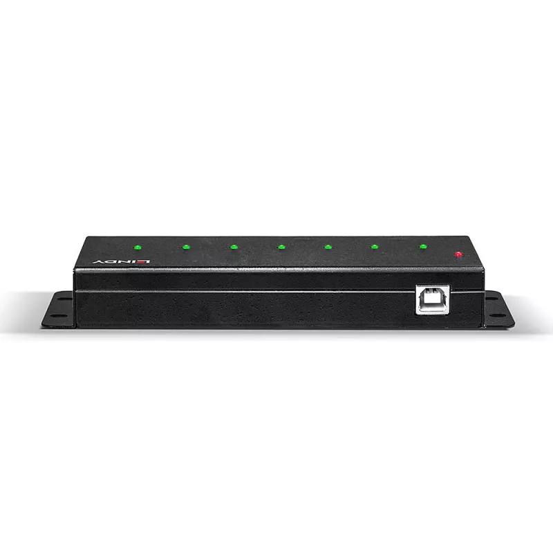 Lindy 42794 7-portový priemyselný kovový USB 2.0 rozbočovač, 480 Mbit/s, montážne úchytky, externý zdroj napájania, čierny