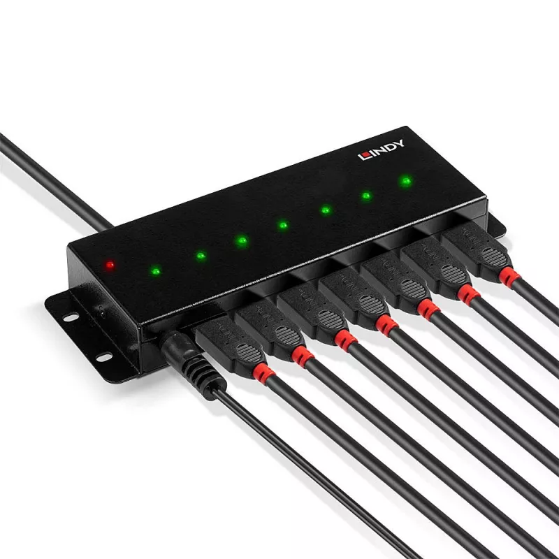Lindy 42794 7-portový priemyselný kovový USB 2.0 rozbočovač, 480 Mbit/s, montážne úchytky, externý zdroj napájania, čierny