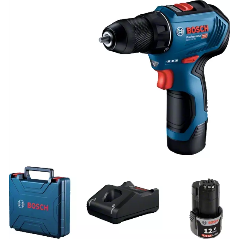 Bosch GSR 12V-30 akumulátorový skrutkovač, 2x 2,0 Ah, 30/17 Nm, bezuhlíkový, kufrík