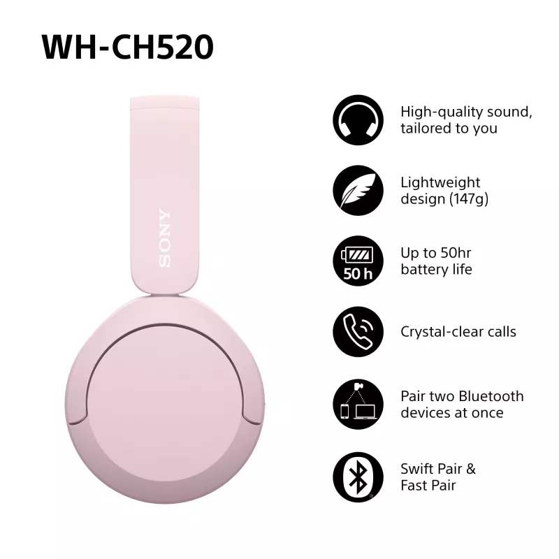 Sony WHCH520P.CE7, bezdrôtové, 20 - 20000 Hz, telefonovanie/hudba, 147 g, headset, ružová