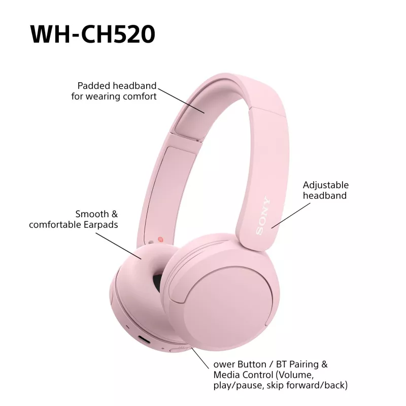 Sony WHCH520P.CE7, bezdrôtové, 20 - 20000 Hz, telefonovanie/hudba, 147 g, headset, ružová
