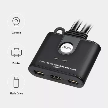 ATEN 2-portový USB FHD HDMI káblový KVM prepínač, 1920 x 1200 pixelov, Full HD, 1,518 W, čierny
