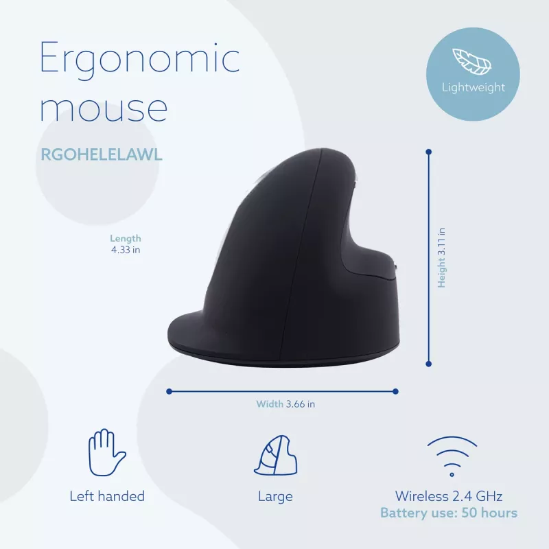 R-Go Tools ergonomická myš R-Go HE Break so softvérom pre prestávky, veľká (veľkosť ruky ≥ 185 mm), pre ľavákov, Bluetooth, čierna