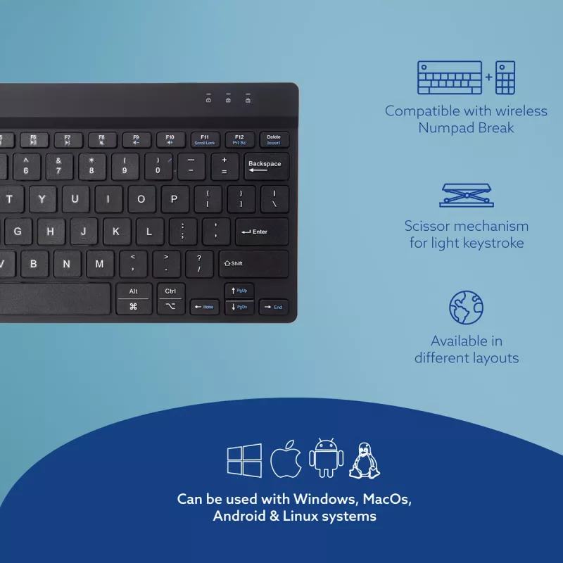 R-Go Tools ergonomická klávesnica R-Go Compact Break, kompaktná klávesnica so softvérom pre prestávky, QWERTY (US), Bluetooth, čierna
