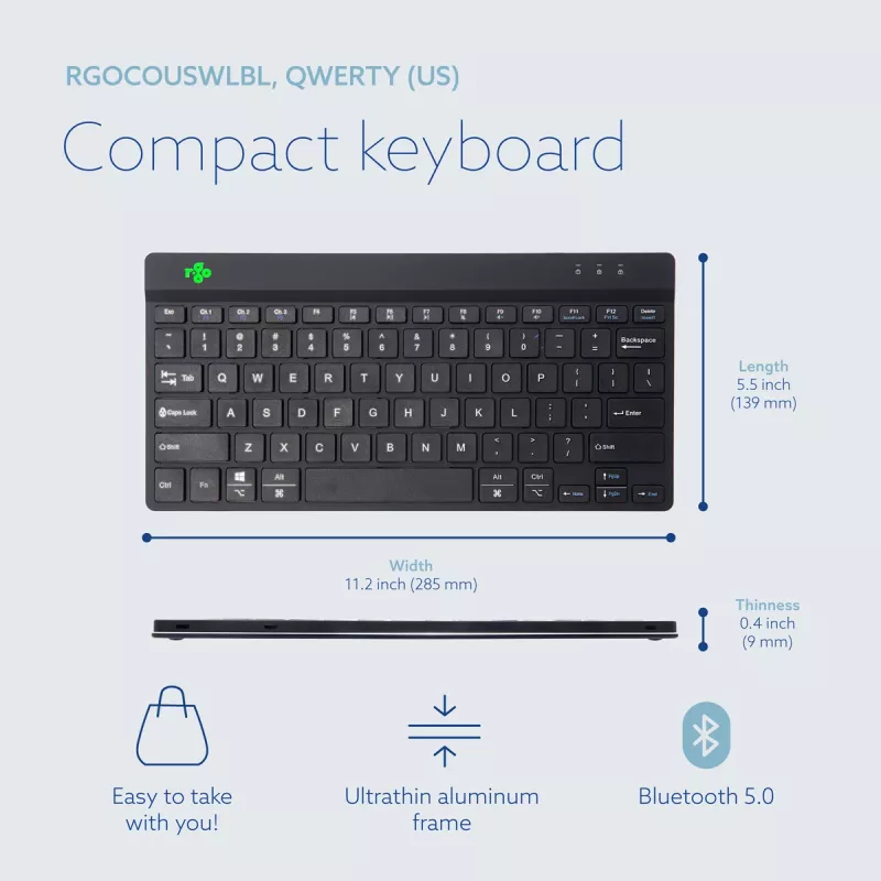 R-Go Tools ergonomická klávesnica R-Go Compact Break, kompaktná klávesnica so softvérom pre prestávky, QWERTY (US), Bluetooth, čierna