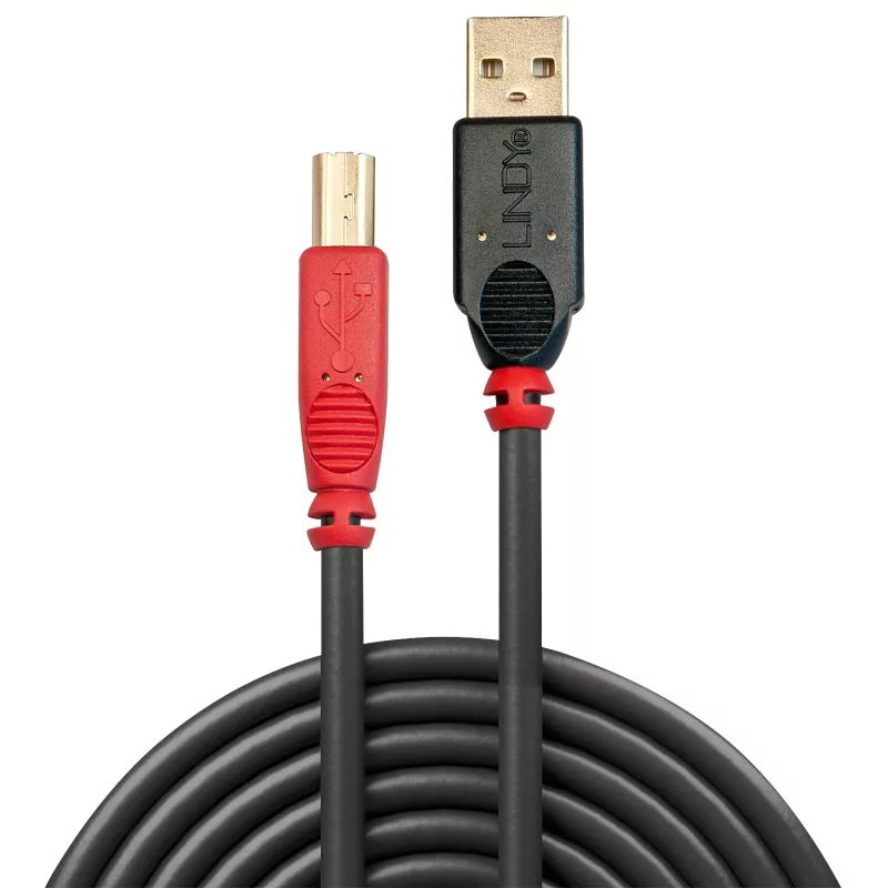 Lindy 10m USB 2.0 aktívny kábel Type-A na B, 10 m, USB A, USB B, USB 2.0, konektor samec/konektor samec, čierny, červený