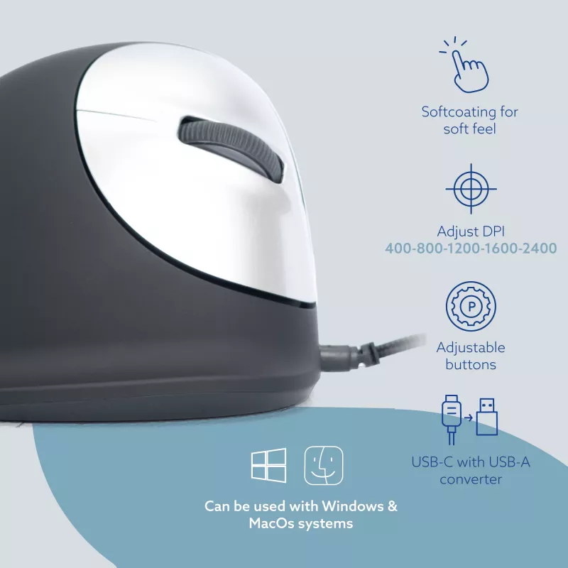 R-Go Tools ergonomická myš R-Go HE Break so softvérom na prestávky, veľká (veľkosť ruky ≥ 185 mm), pravácka, káblová, čierna