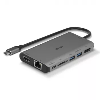 Lindy DST-Mini XT, USB-C mini dokovacia stanica pre notebook s jednou obrazovkou (4K) alebo dvoma obrazovkami (Full HD) a 100W priechodným nabíjaním