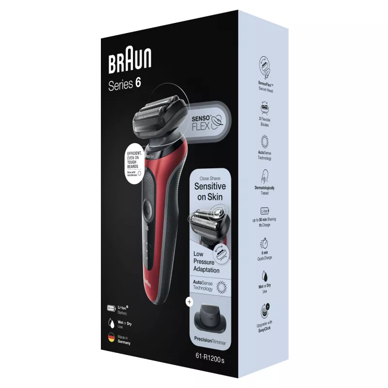 Fóliový holiaci strojček Braun Series 6 61-R1200s SensoFlex SensoFoil čierna červená