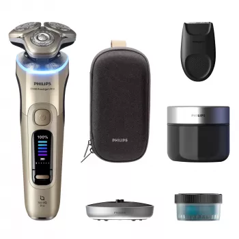 Elektrický holiaci strojček Philips i9000 Prestige Ultra XP9403 — 3-hlavový rotačný systém, SkinIQ Pro, mokré a suché holenie, batéria, čistiaca stanica, zlatá